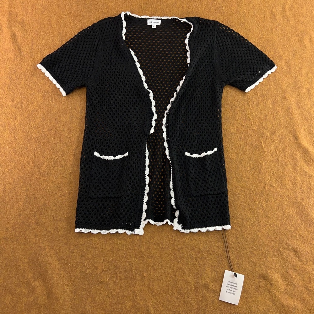 superdown Womens M Black White Crochet Trim Open Knit Short Sleeve Cardigan NWT